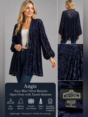 Angie Navy Blue Velvet Burnout Open Front Kimono Cardigan Size Large Boho